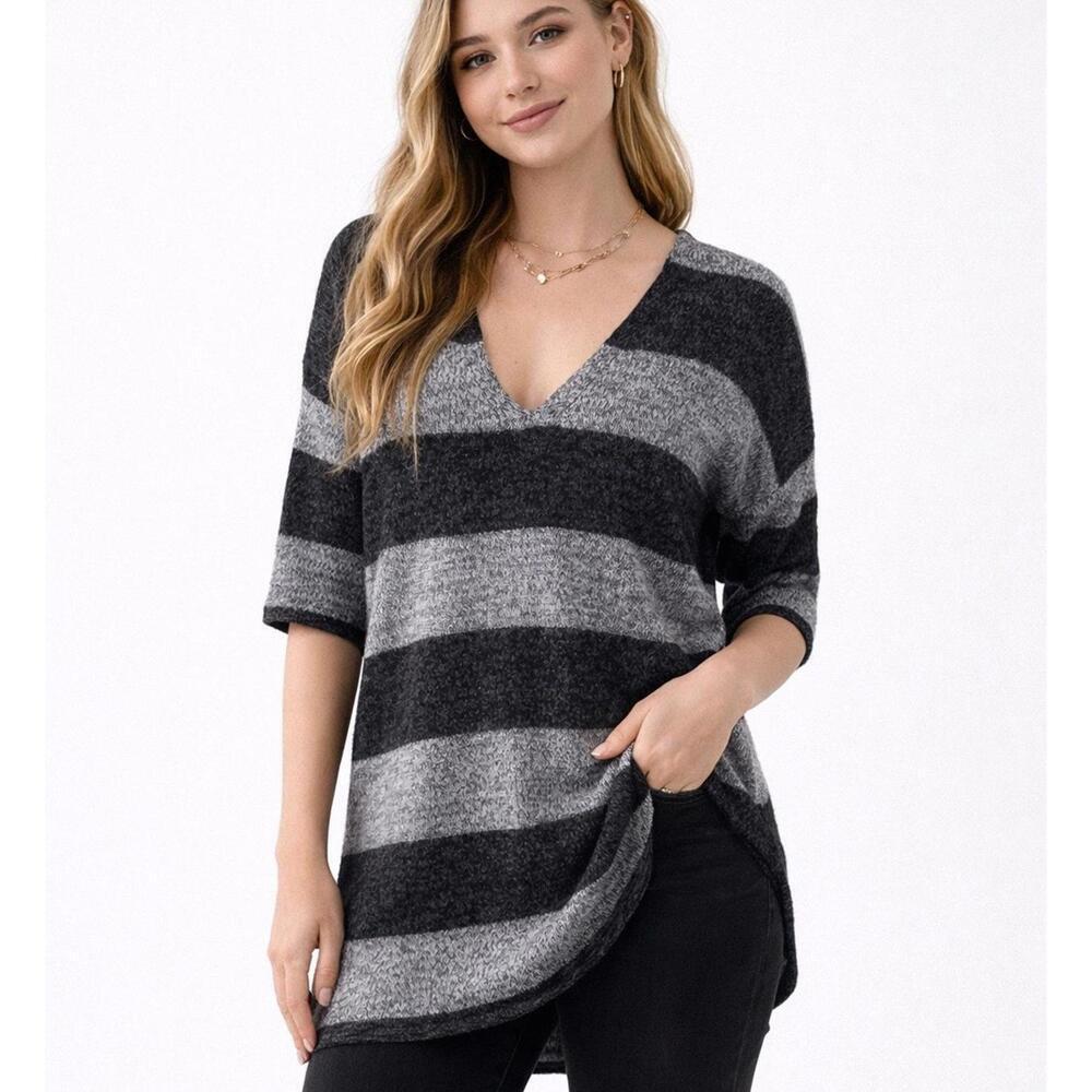 Express Y2K Striped Sweater Tunic S Grey Black Cotton V Neck Soft Knit Cozy